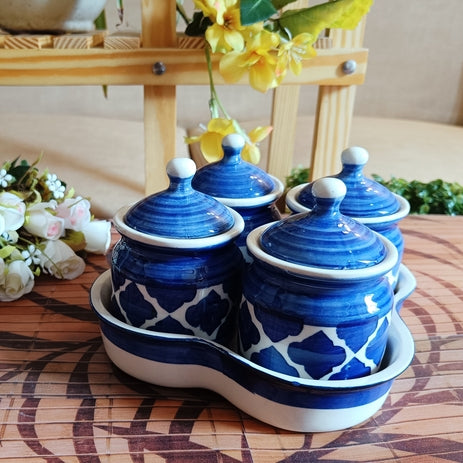 Shibori Printed pickle /Jars with Lid & tray Set of 4