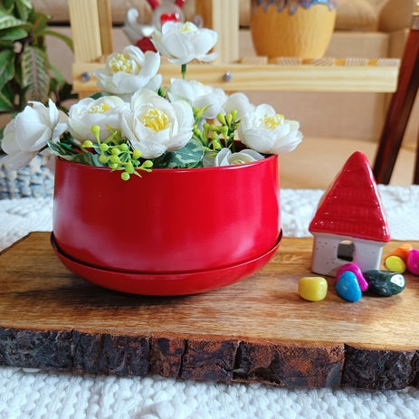 Red Metal Tabletop Planter With Tray