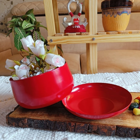 Red Metal Tabletop Planter With Tray