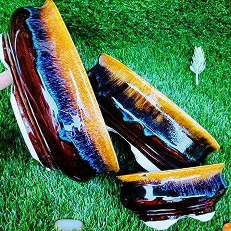 Shiny Bonsai Planters Pot Set Of 3 color-Shiny Brown