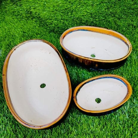 Shiny Bonsai Planters Pot Set Of 3 color-Shiny Brown