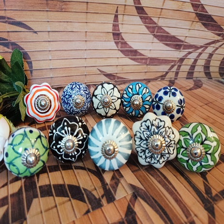 Niyara Multi Color Ceramic Door Knob Set of 10- Vintage Handmade Drawer Knobs Cabinets Home Interior Decor