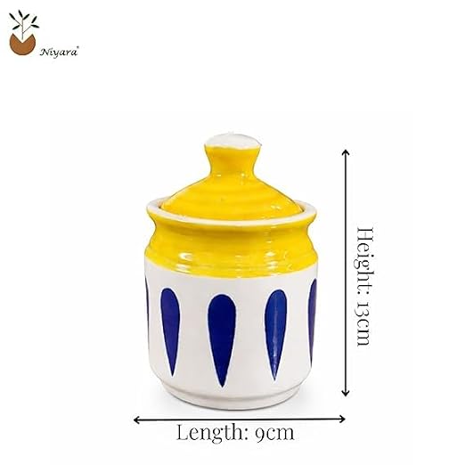 Ceramic Yellow with Blue print pickle jar set of 4 with metal tray