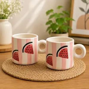 Watermelon Print Ceramic Coffee Mugs Set of 2 | Pink & White Tea Cups with Round Handle | Cute Printed Mugs for Coffee, Tea, Milk & Gifting