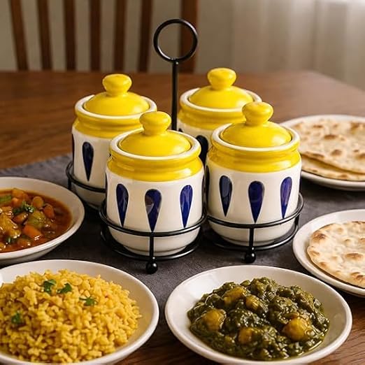 Ceramic Yellow with Blue print pickle jar set of 4 with metal tray