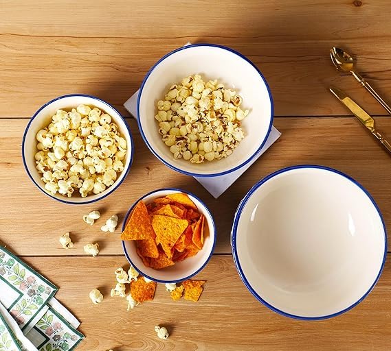 Blue Striped Ceramic Serving Bowls Set of 4 | White and Yellow Multipurpose Bowls in Assorted Sizes for Snacks, Soup, Cereal, Curry and Desserts
