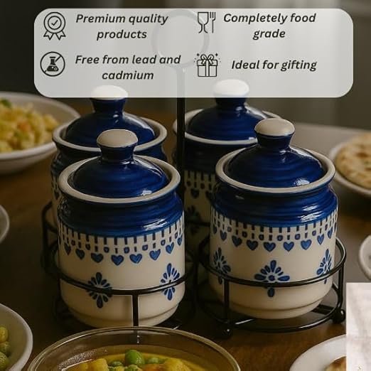 Ceramic Blue floral heart print pickle jar set of 4 with metal tray
