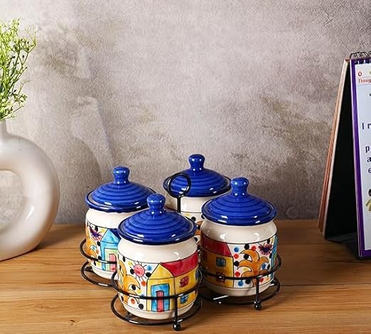 Ceramic home & scenery printed pickle jar set of 4