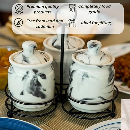Ceramic Marble look pickle jar set of 3 with metal tray