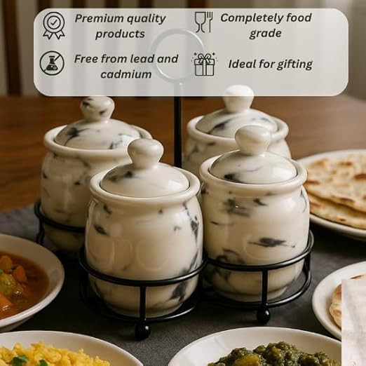 Ceramic Marble look pickle jar set of 4 with metal tray