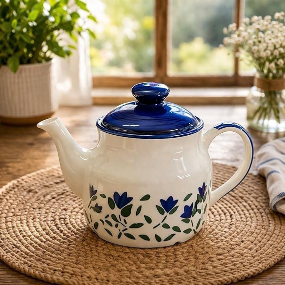 Floral Ceramic Tea Set with Teapot, 4 Cups and Serving Tray | Blue & Green Leaf Printed Tea Set for Home, Guests and Gifting | Set of 6