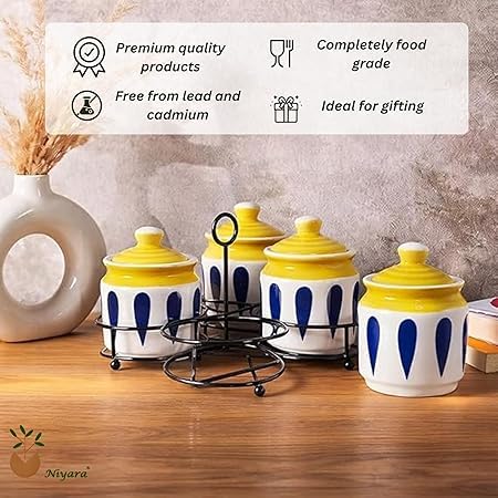Ceramic Yellow with Blue print pickle jar set of 4 with metal tray