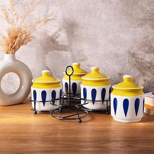 Ceramic Yellow with Blue print pickle jar set of 4 with metal tray