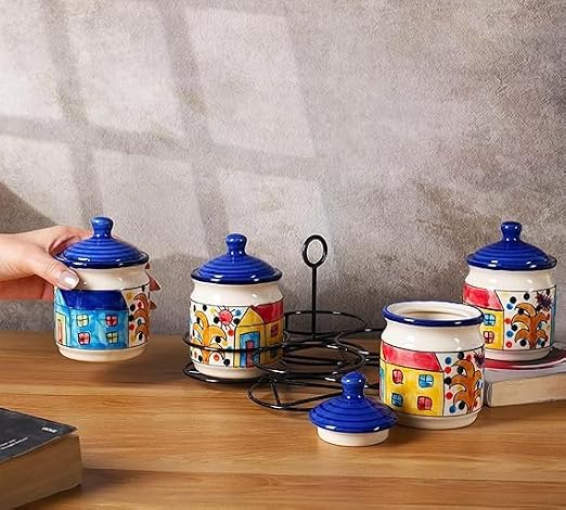 Ceramic home & scenery printed pickle jar set of 4