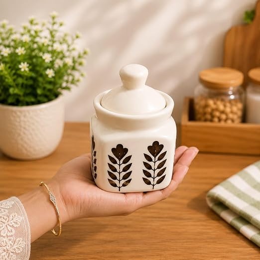 Ceramic Dark Flower Pickle jar set of 3 with metal tray
