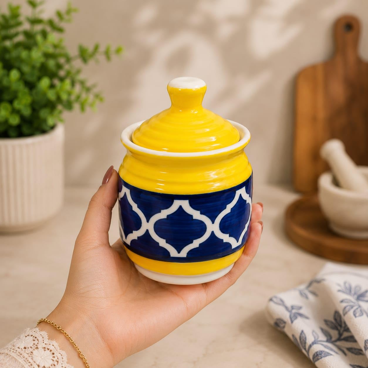 Niyara Yellow Morroccan design pickle set of 2 with metal tray