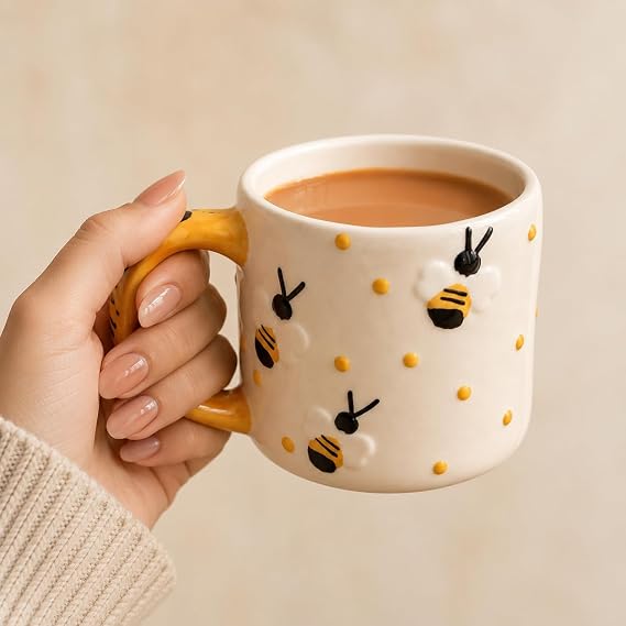 Cute Honey Bee Printed Ceramic Coffee Mugs Set of 2 | White Tea Cups with Yellow Round Handles | Designer Mugs for Tea, Coffee, Milk & Gifting