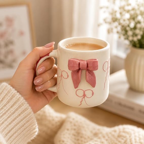 3D Pink Bow Design Ceramic Coffee Mugs Set of 2 | White Tea Cups with Raised Ribbon Pattern | Cute Designer Mugs for Tea, Coffee, Milk & Gifting