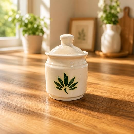 Ceramic green leaf jar set of 3 with metal tray