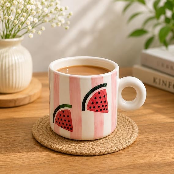 Watermelon Print Ceramic Coffee Mugs Set of 2 | Pink & White Tea Cups with Round Handle | Cute Printed Mugs for Coffee, Tea, Milk & Gifting