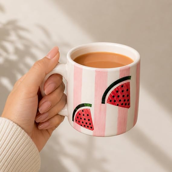 Watermelon Print Ceramic Coffee Mugs Set of 2 | Pink & White Tea Cups with Round Handle | Cute Printed Mugs for Coffee, Tea, Milk & Gifting