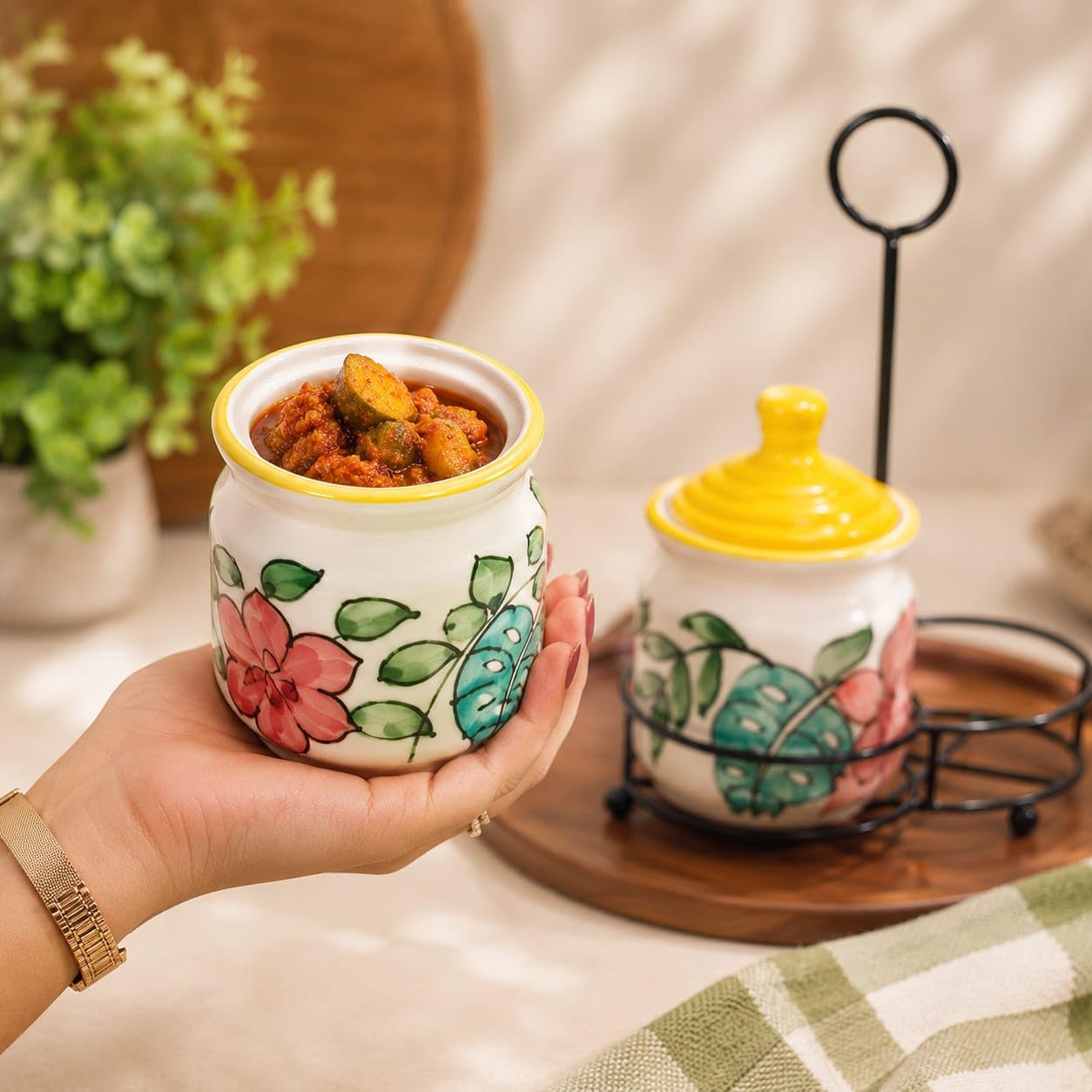 Niyara Yellow Flower pickle set of 2 with metal tray