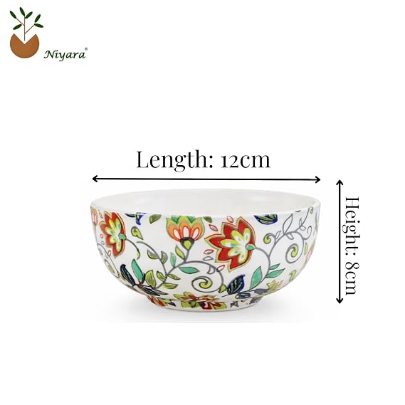 Multicolour Floral Printed Ceramic Bowls Set of 4 | Decorative Small Serving Bowls for Snacks, Soup, Cereal, Dessert, Chutney and Dry Fruits