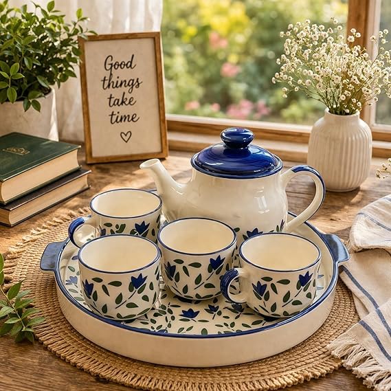 Floral Ceramic Tea Set with Teapot, 4 Cups and Serving Tray | Blue & Green Leaf Printed Tea Set for Home, Guests and Gifting | Set of 6
