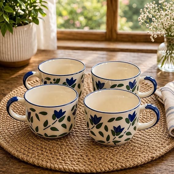 Floral Ceramic Tea Set with Teapot, 4 Cups and Serving Tray | Blue & Green Leaf Printed Tea Set for Home, Guests and Gifting | Set of 6