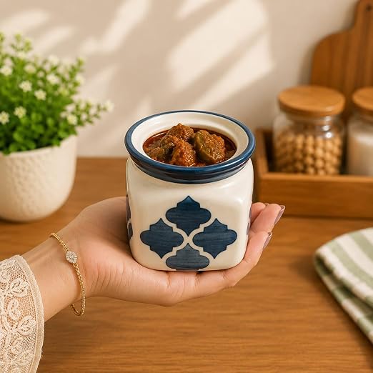 Niyara Multipurpose Storage Ceramic Pickle set Jars with Lid & tray  (grey print pickle set of 3)