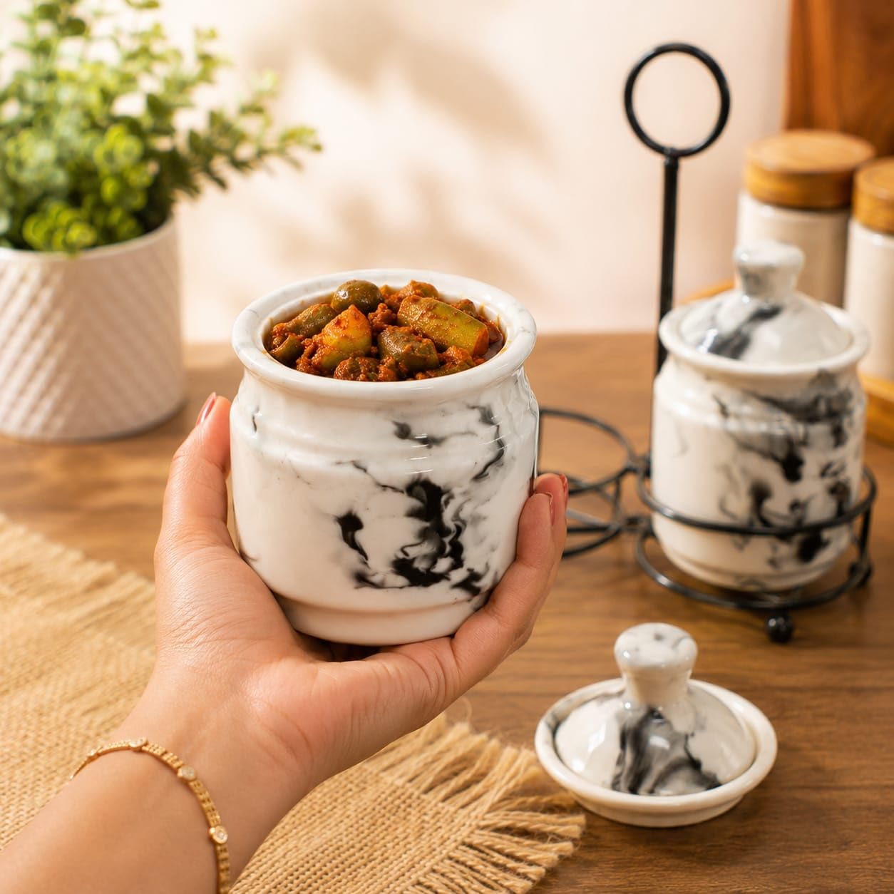Niyara Marble design pickle set of 2 with metal tray