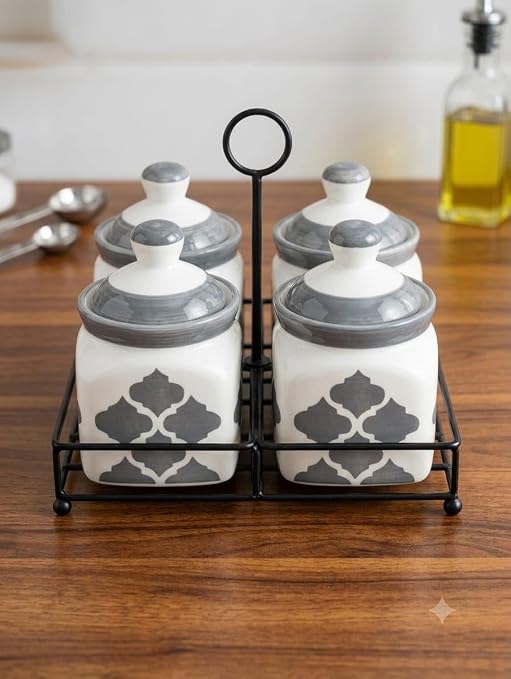 Ceramic Grey chiddi pickle jar set of 4 with metal tray