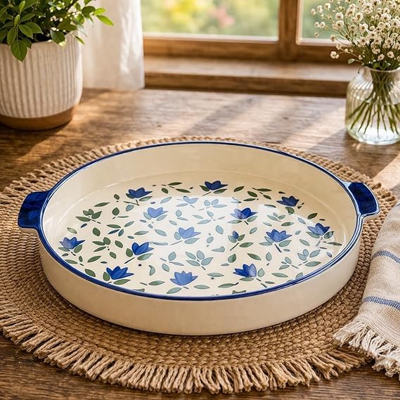 Floral Ceramic Tea Set with Teapot, 4 Cups and Serving Tray | Blue & Green Leaf Printed Tea Set for Home, Guests and Gifting | Set of 6