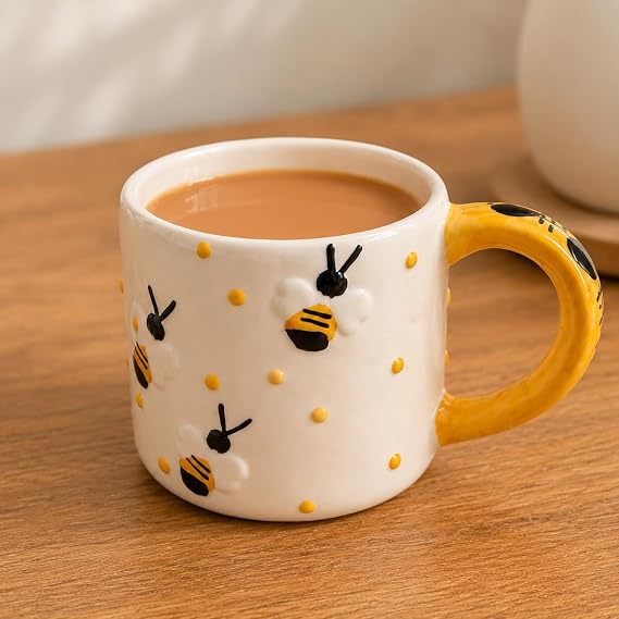 Cute Honey Bee Printed Ceramic Coffee Mugs Set of 2 | White Tea Cups with Yellow Round Handles | Designer Mugs for Tea, Coffee, Milk & Gifting
