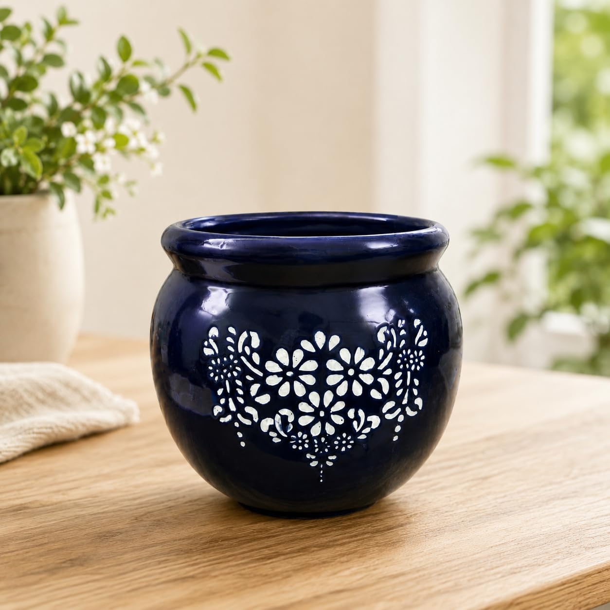 Niyara Decorative Ceramic Planter Pot with White Floral Design | Glossy Blue Indoor Plant Pot for Home, Office, Balcony & Table Décor