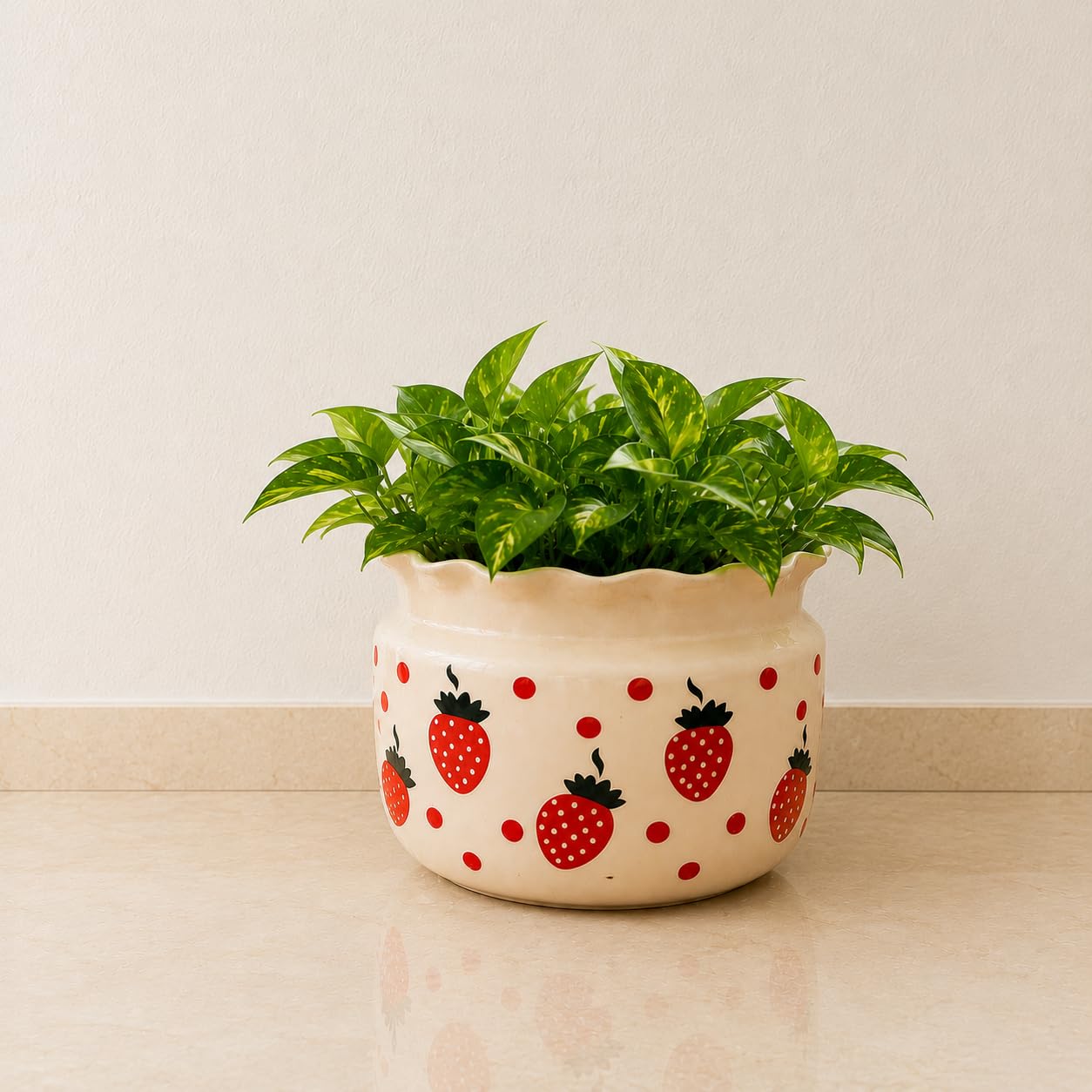 Strawberry Print Ceramic Planter Pot with Scalloped Rim | Decorative Indoor Plant Pot for Living Room, Balcony, Office & Garden (8 INCH POT)