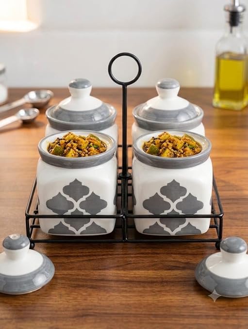 Ceramic Grey chiddi pickle jar set of 4 with metal tray