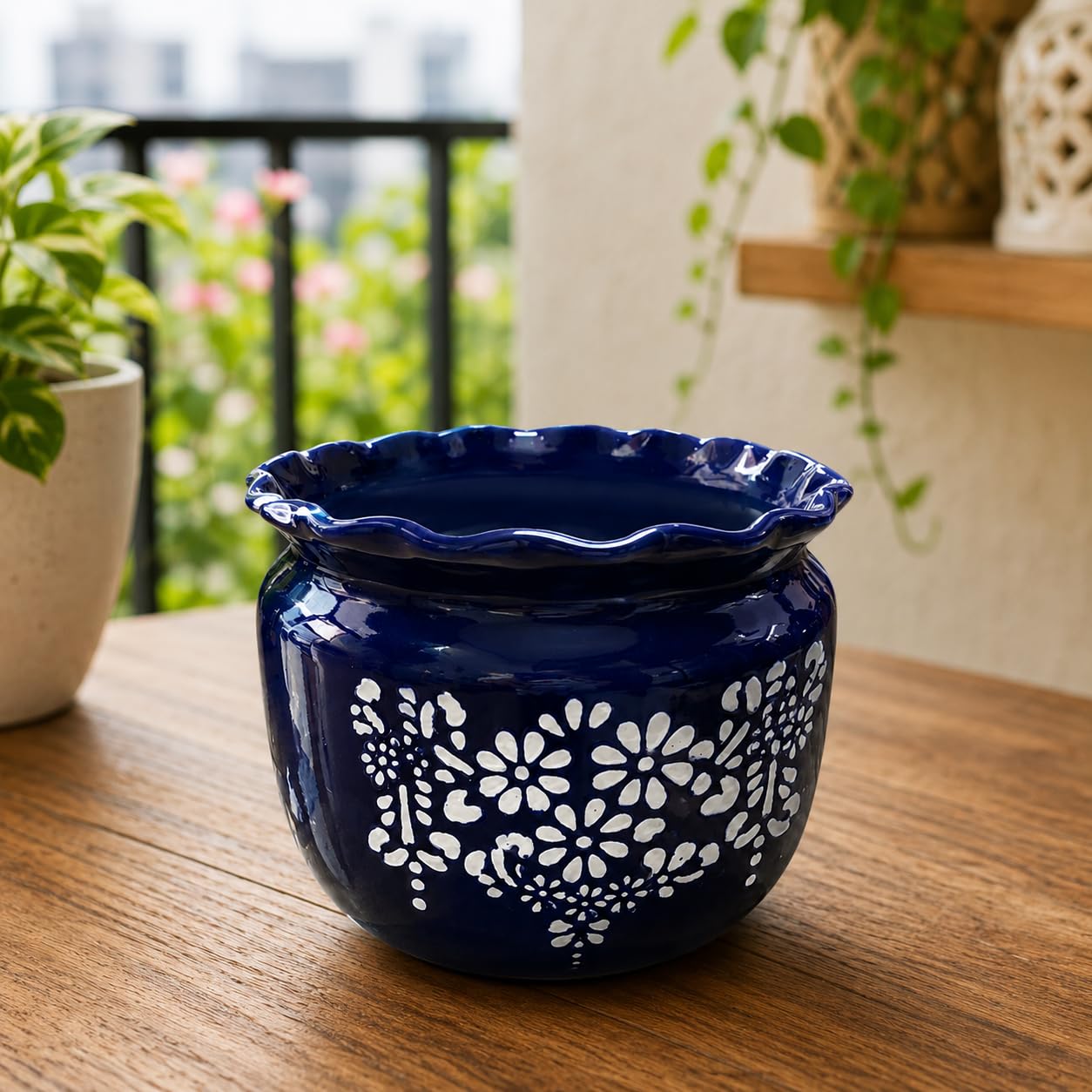 Niyara 8-Inch Decorative Ceramic Planter Pot with White Floral Design and Scalloped Rim | Glossy Blue Indoor Flower Pot for Home, Balcony, Office & Table Décor