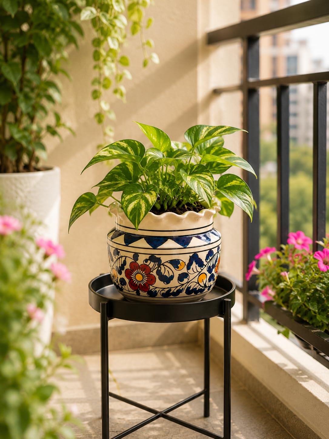6 Inch Multicolour Floral Print Ceramic Planter Pot with Scalloped Rim | Decorative Indoor Flower Pot for Home, Balcony, Office & Garden