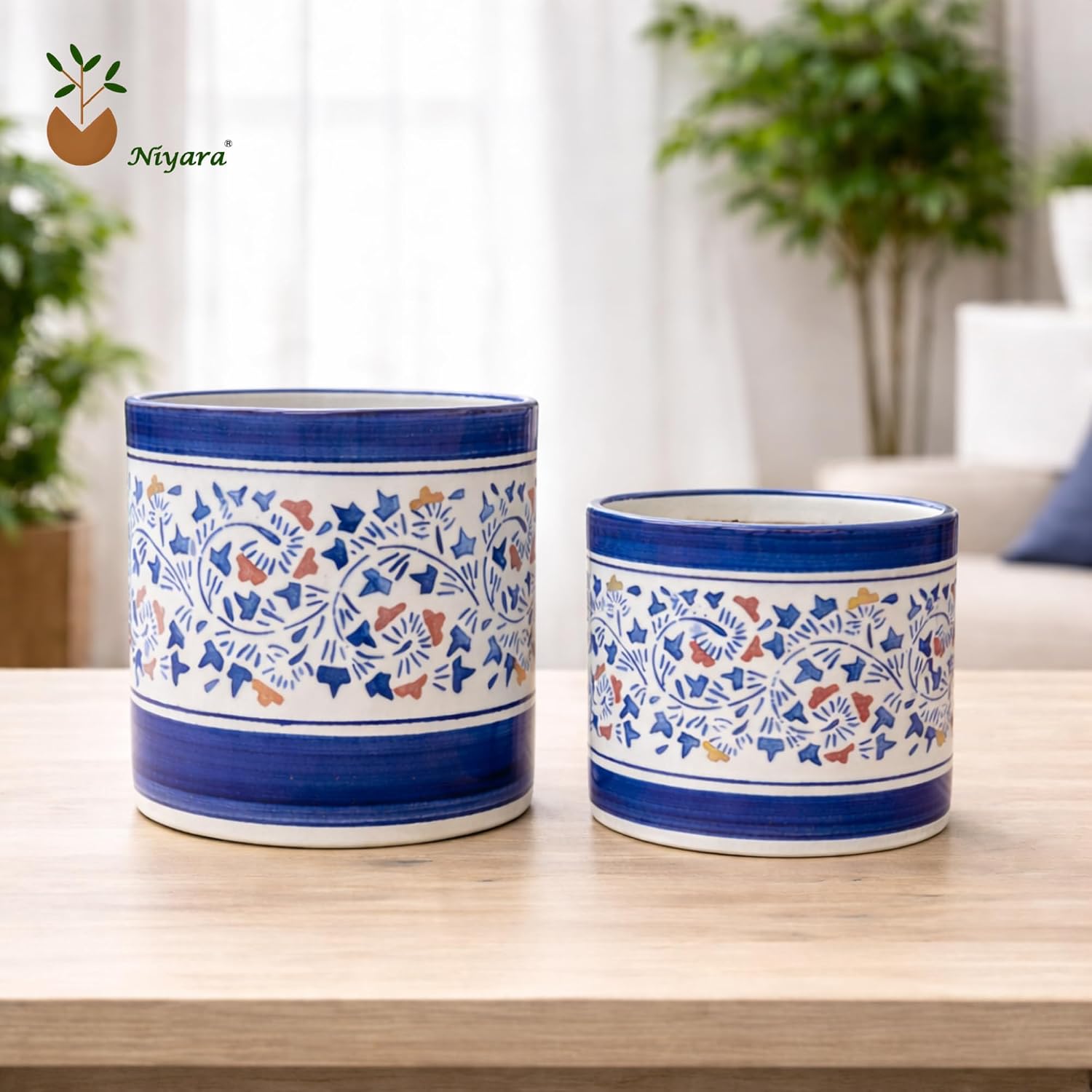 Niyara Blue floral balti design pot set of 2