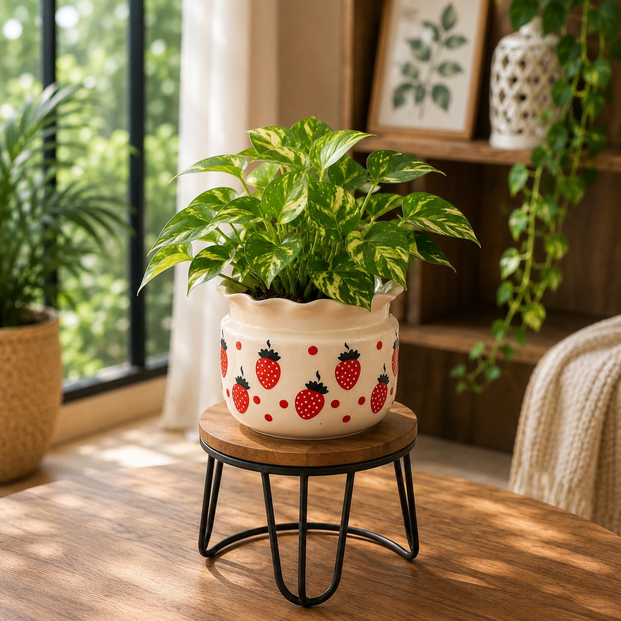 6 Inch Strawberry Print Ceramic Planter Pot with Scalloped Rim | Decorative Indoor Flower Pot for Home, Balcony, Office & Garden