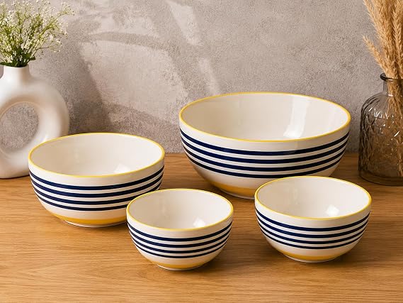 Blue Striped Ceramic Serving Bowls Set of 4 | White and Yellow Multipurpose Bowls in Assorted Sizes for Snacks, Soup, Cereal, Curry and Desserts