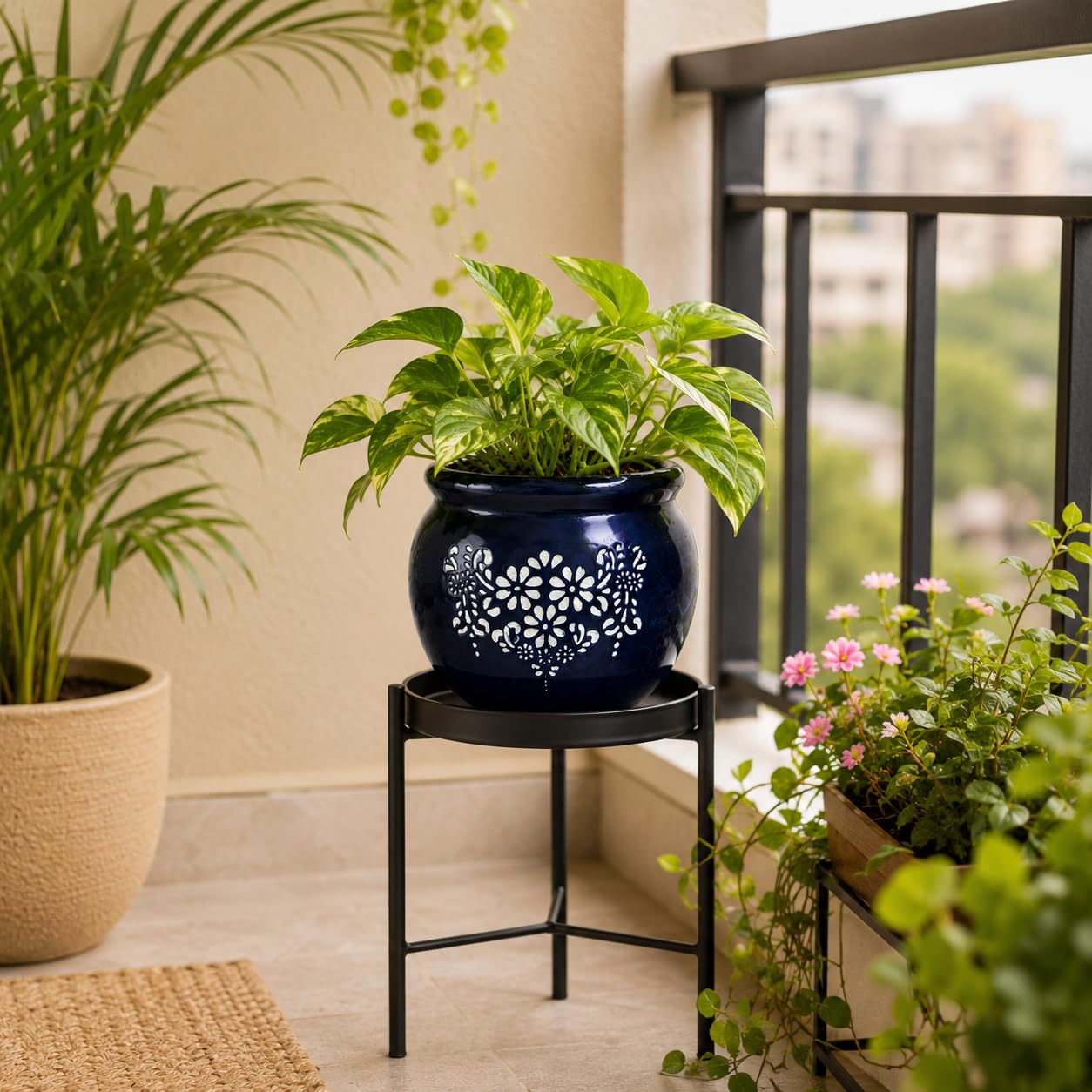 Niyara Decorative Ceramic Planter Pot with White Floral Design | Glossy Blue Indoor Plant Pot for Home, Office, Balcony & Table Décor