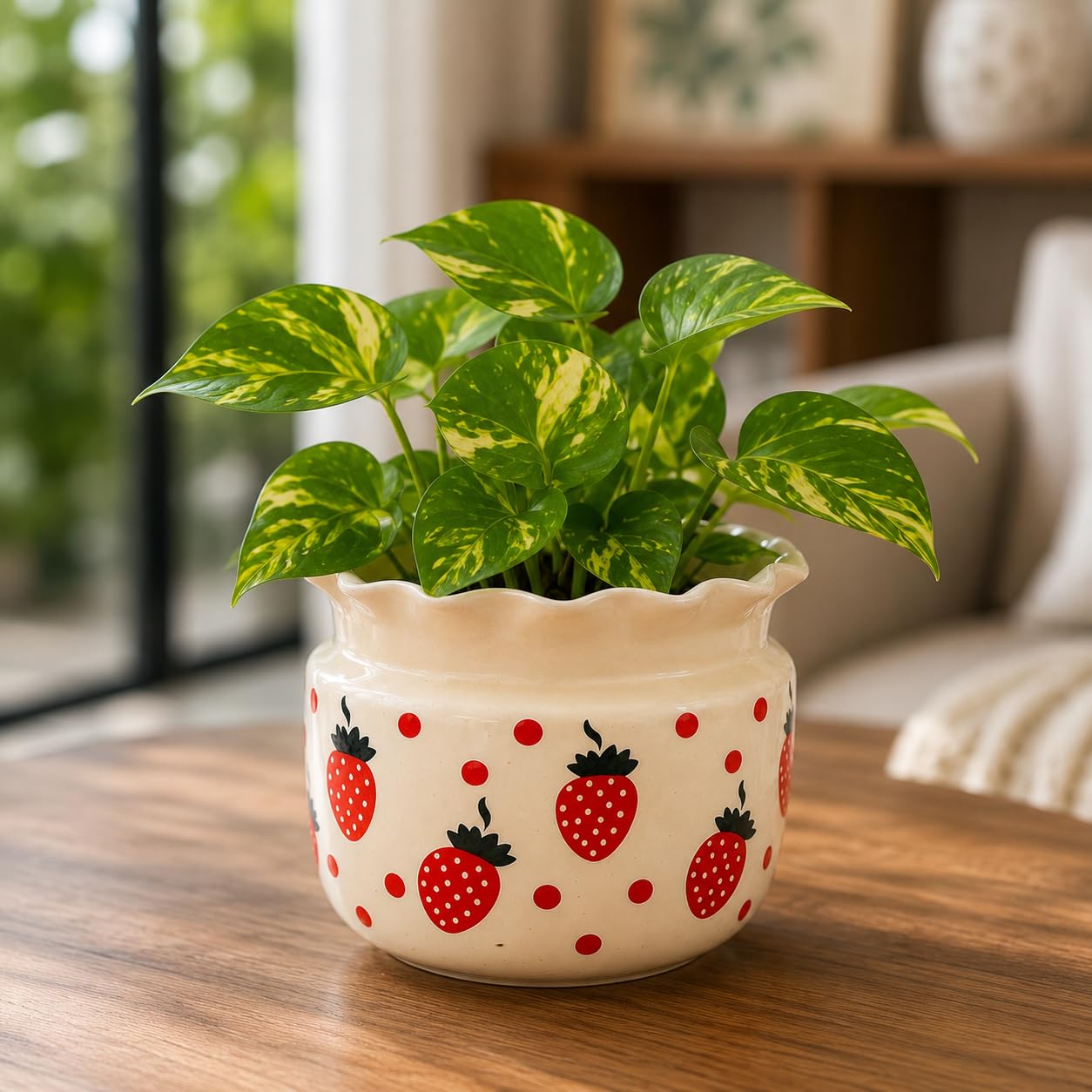 6 Inch Strawberry Print Ceramic Planter Pot with Scalloped Rim | Decorative Indoor Flower Pot for Home, Balcony, Office & Garden