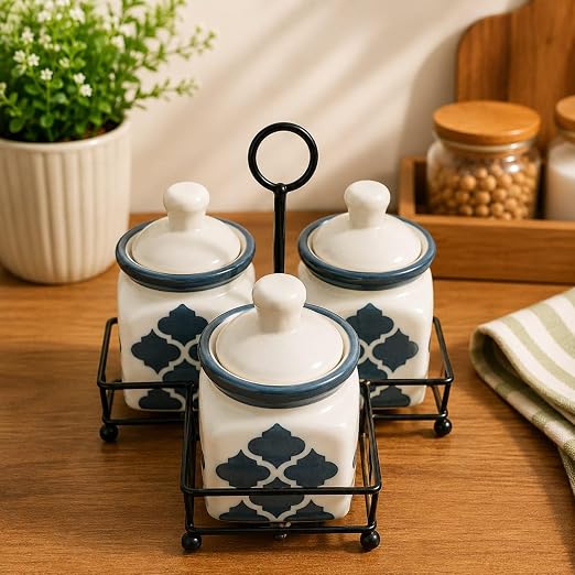 Niyara Multipurpose Storage Ceramic Pickle set Jars with Lid & tray  (grey print pickle set of 3)