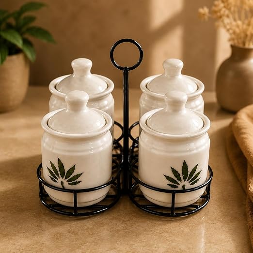 Ceramic Green leaf pickle jar set of 4 with metal tray