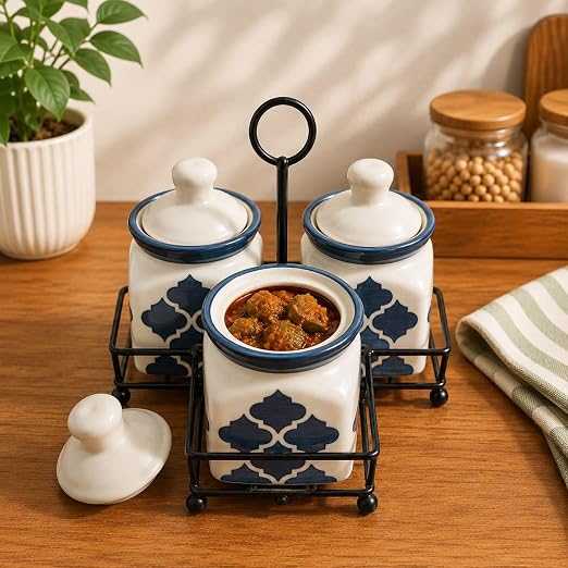 Niyara Multipurpose Storage Ceramic Pickle set Jars with Lid & tray  (grey print pickle set of 3)