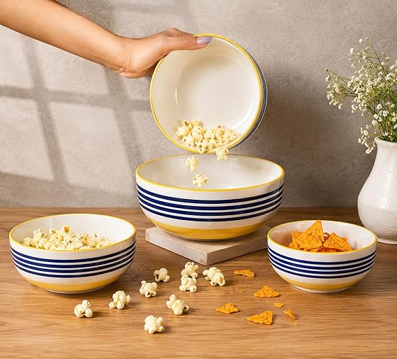 Blue Striped Ceramic Serving Bowls Set of 4 | White and Yellow Multipurpose Bowls in Assorted Sizes for Snacks, Soup, Cereal, Curry and Desserts