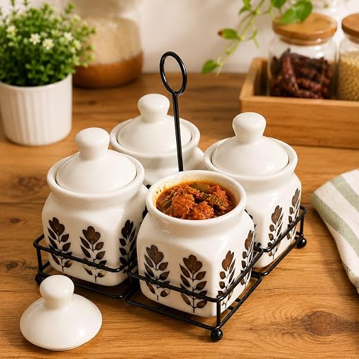 Ceramic Dark Flower Pickle jar set of 4 with metal tray