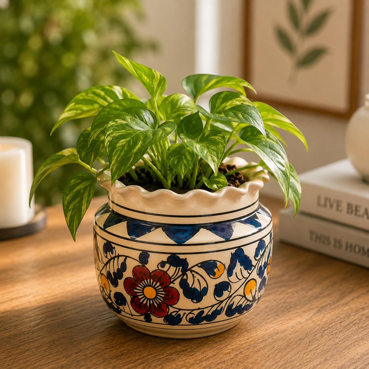 6 Inch Multicolour Floral Print Ceramic Planter Pot with Scalloped Rim | Decorative Indoor Flower Pot for Home, Balcony, Office & Garden